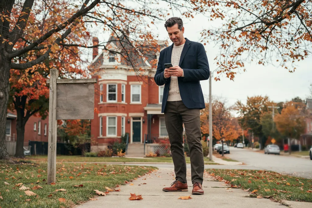 A real estate agent checking his phone on the sidewalk outside a red-brick century home on an autumn street