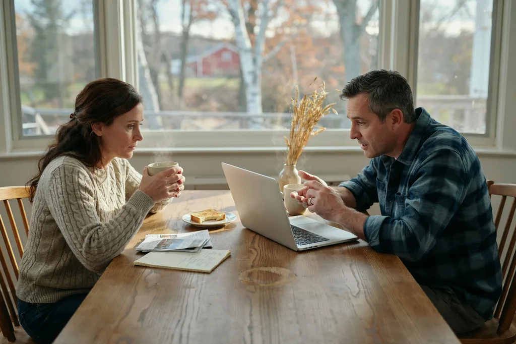A couple at their kitchen table looking at a laptop, deciding which real estate agent to call